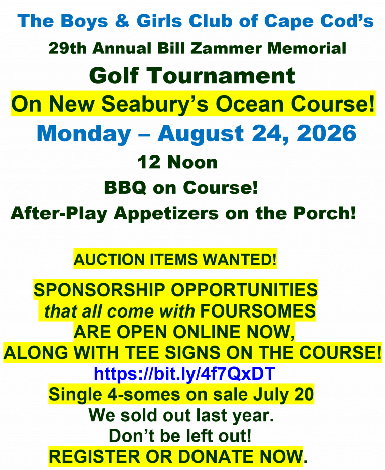 Poster advertising the Boys & Girls Club of Cape Cod's 29th Annual Bill Zammer Memorial Golf Tournament at New Seabury's Ocean Course, with a yellow banner reading 'On New Seabury’s Ocean Course!' and date/details shown in blue/green text on black background.